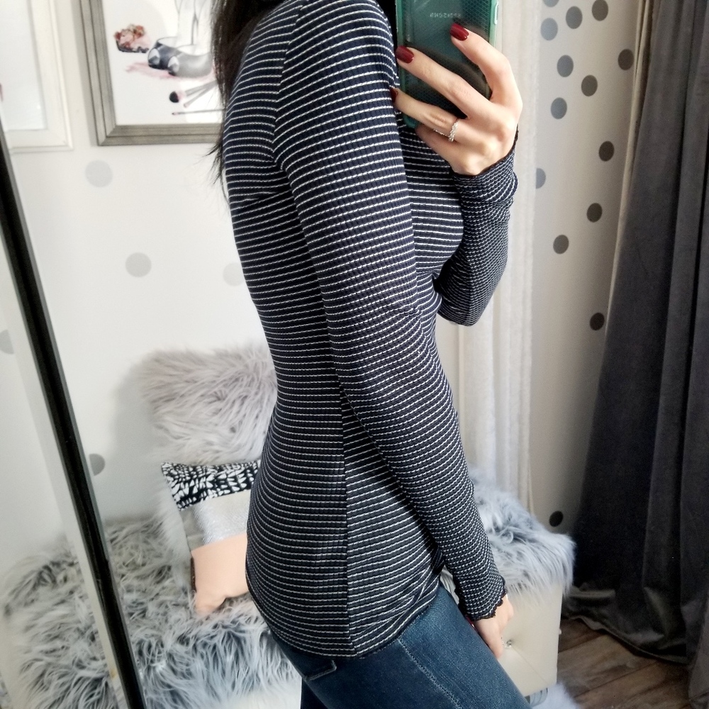 SALE Navy Stripe Henley Top Rib Knit Top - Picture 6 of 8